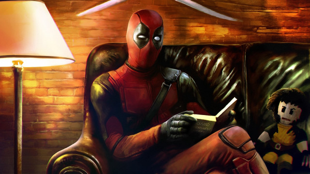 Deadpool couch lamp book photorealism free wallpaper for desktop - medium preview image