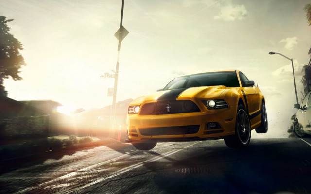 Yellow mustang city street 3d free wallpaper for desktop - medium preview image