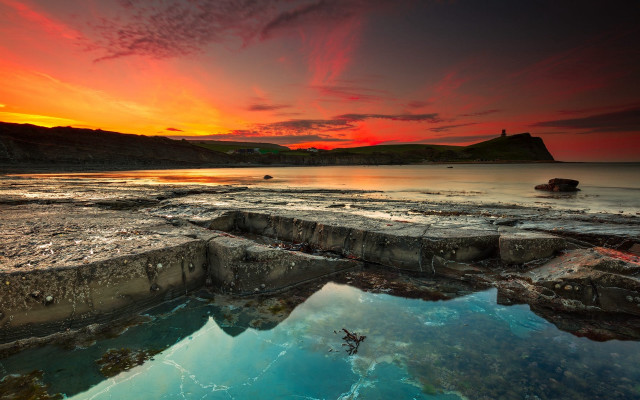 Sunset rocky beach lighthouse pool free wallpaper for desktop - medium preview image