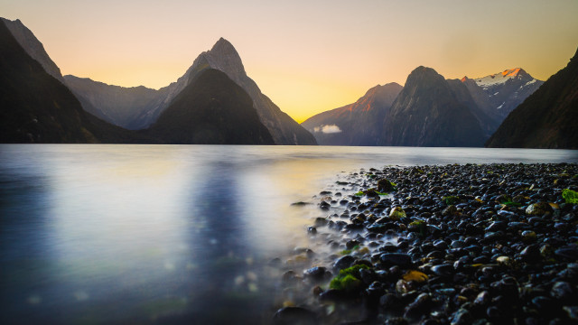 Sunset mountains lake rocks clouds free wallpaper for desktop - medium preview image