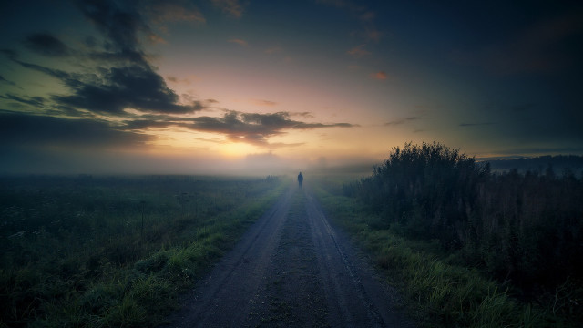 Dusk liminal road forest mountain free wallpaper for desktop - medium preview image