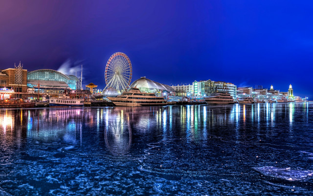 City skyline ferriswheel night water free wallpaper for desktop - medium preview image