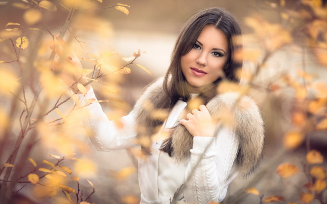 Woman white coat autumn fireflowers free wallpaper for desktop - medium preview image