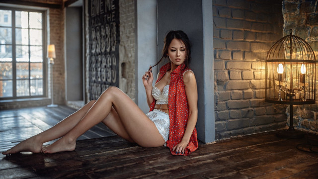 Woman sitting brickwall redscarf fashion free wallpaper for desktop - medium preview image