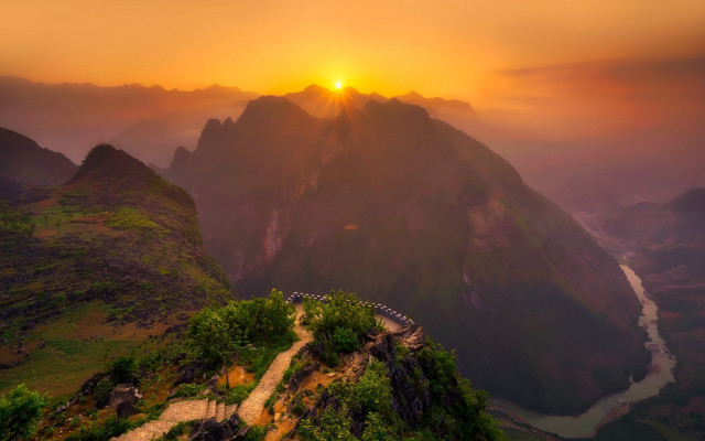 Mountain river sunset path clouds free wallpaper for desktop - medium preview image