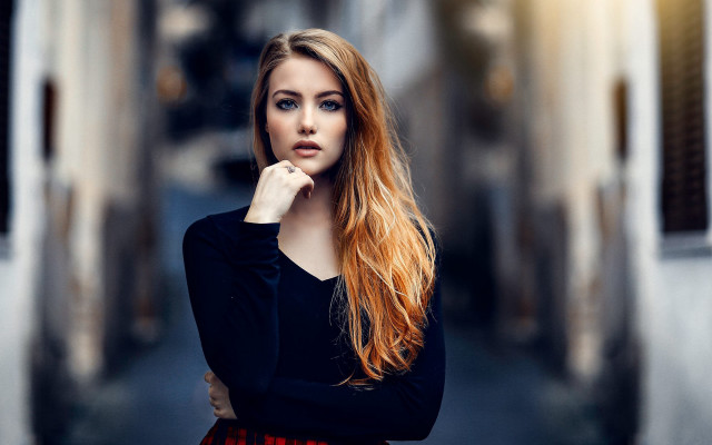 Red haired woman alleyway portrait free wallpaper for desktop - medium preview image