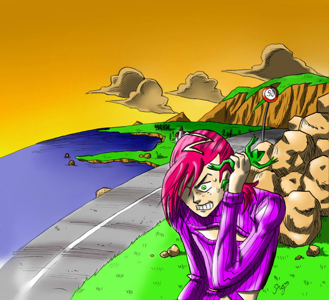 Pink haired giantess woman road free wallpaper for tablet - medium preview image