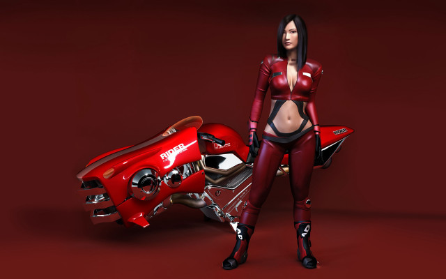 Woman red suit motorcycle digital free wallpaper for desktop - medium preview image
