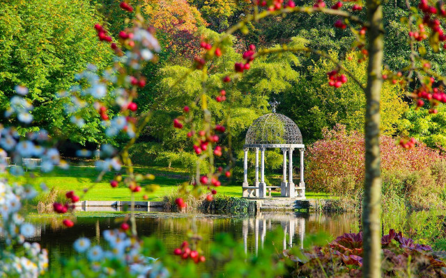 Gazebo park trees flowers pond free wallpaper for desktop - medium preview image