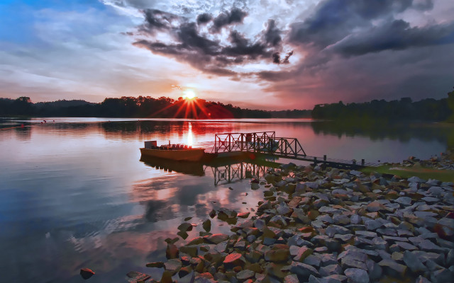 Boat dock lake sunset cloudy free wallpaper for desktop - medium preview image