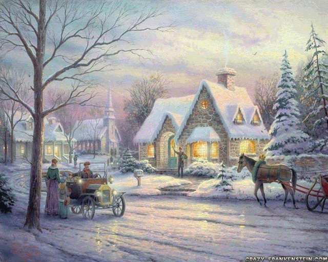 Horse carriage snowy village fineart free wallpaper for desktop - medium preview image