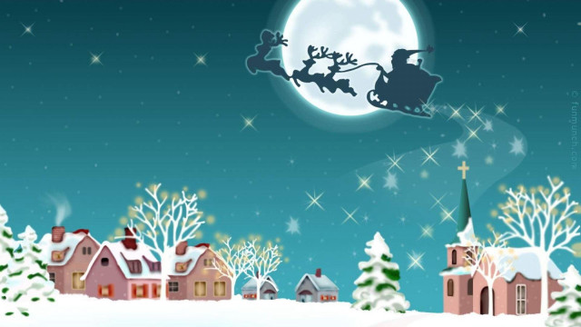 Santa claus sleigh snowy village free wallpaper for desktop - medium preview image