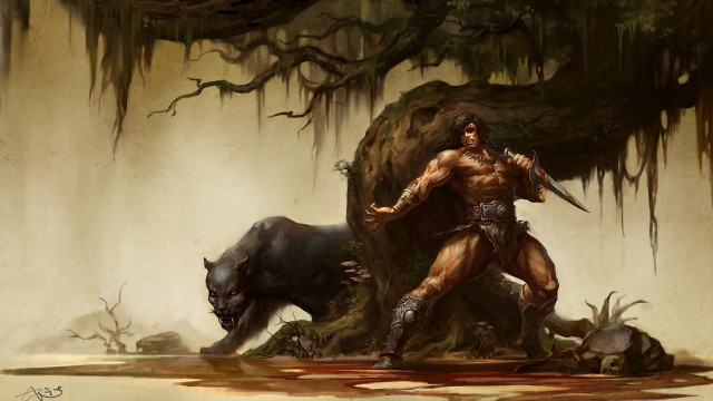 Man sword boar forest fantasy free wallpaper for desktop - medium preview image