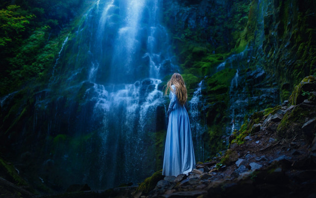 Woman blue dress waterfall night free wallpaper for desktop - medium preview image