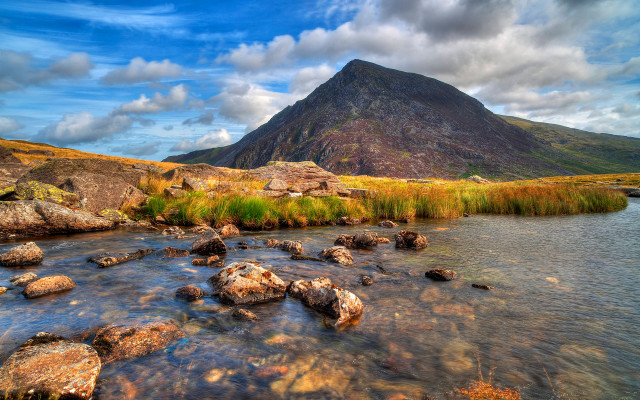Mountain river rocks grassy landscape #2 free wallpaper for desktop - medium preview image