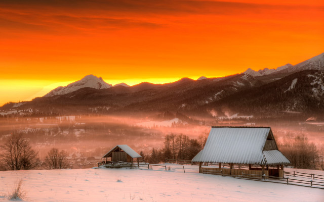 Snowy landscape barn mountains sunset free wallpaper for desktop - medium preview image