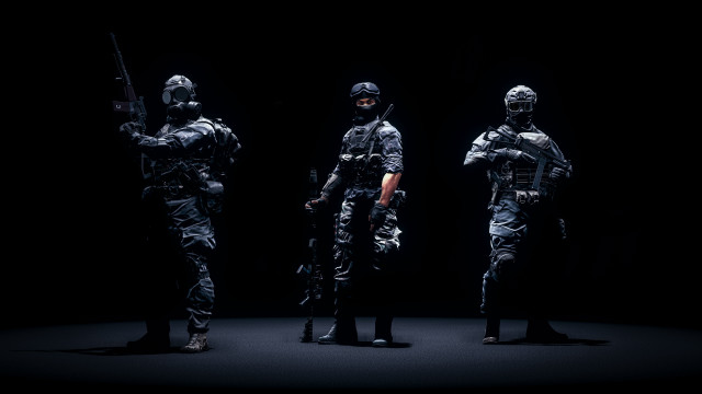 Three soldiers dark armor guns free wallpaper for desktop - medium preview image