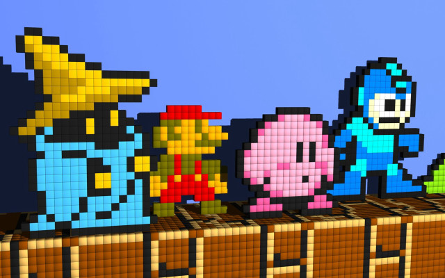 Pixel art figures wall blue free wallpaper for desktop - medium preview image