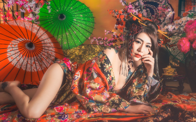 Woman lying umbrella kimono cherry free wallpaper for desktop - medium preview image