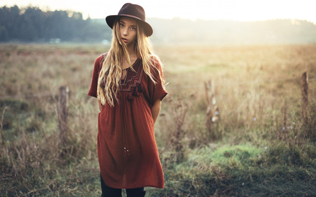 Woman hat field red dress free wallpaper for desktop - medium preview image