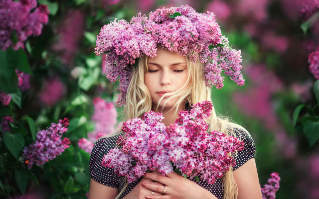 Woman flower wreath lilacs portrait free wallpaper for desktop - medium preview image