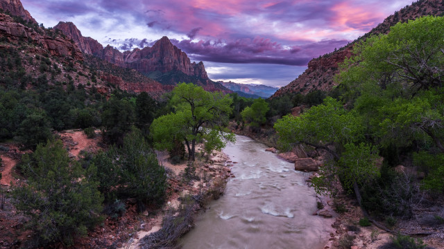 River forest purple sky mountains free wallpaper for desktop - medium preview image