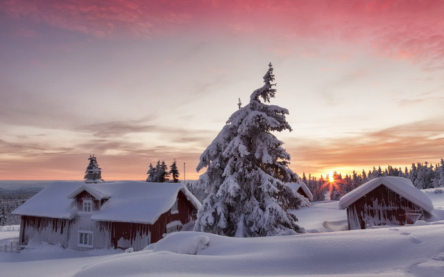 Snowy landscape sunset cabin tree free wallpaper for desktop - medium preview image
