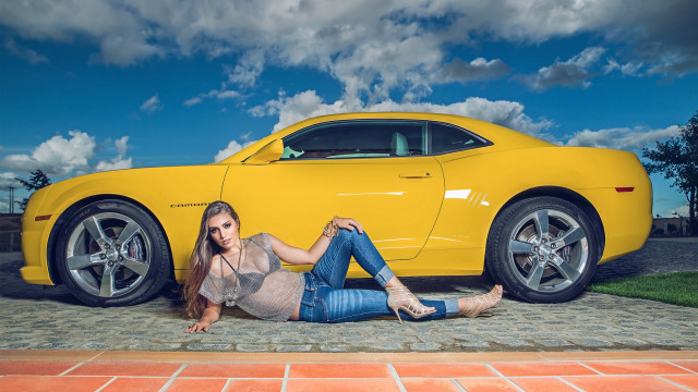Woman yellowcar clouds outdoors militaryjeans free wallpaper for desktop - medium preview image