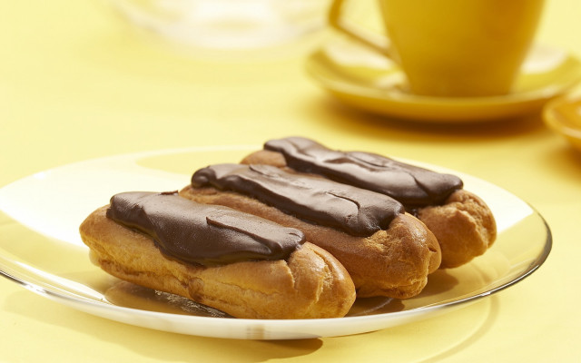 Chocolate pastries coffee yellow tablecloth free wallpaper for desktop - medium preview image
