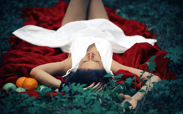 Woman grass fruit white shirt free wallpaper for desktop - medium preview image