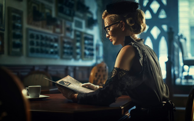 Woman reading coffee library blurry free wallpaper for desktop - medium preview image