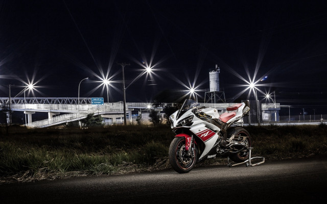 Motorcycle night bridge lights puzzle free wallpaper for desktop - medium preview image