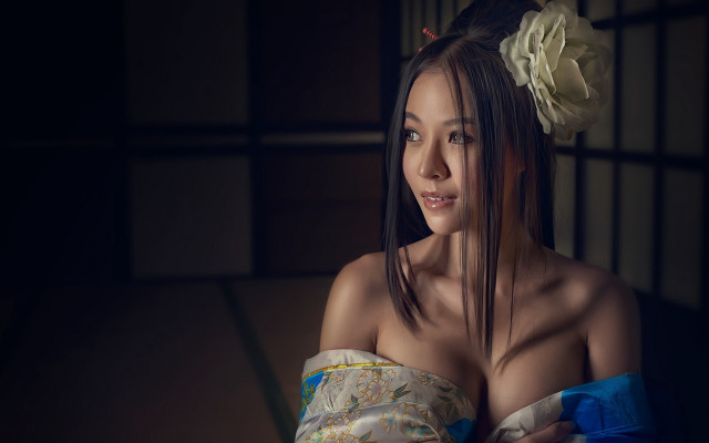 Woman flower kimono photorealistic japanese free wallpaper for desktop - medium preview image