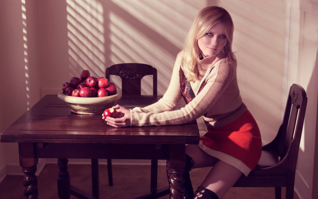 Woman sitting table apple bowl free wallpaper for desktop - medium preview image