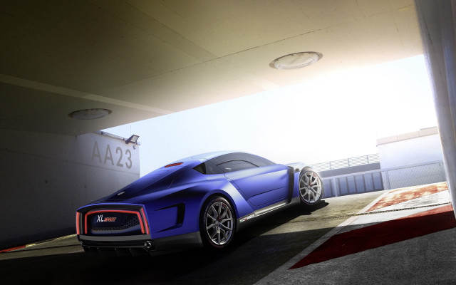 Blue sports car parking garage free wallpaper for desktop - medium preview image