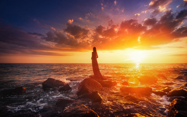 Woman rock ocean sunset beauty free wallpaper for desktop - medium preview image