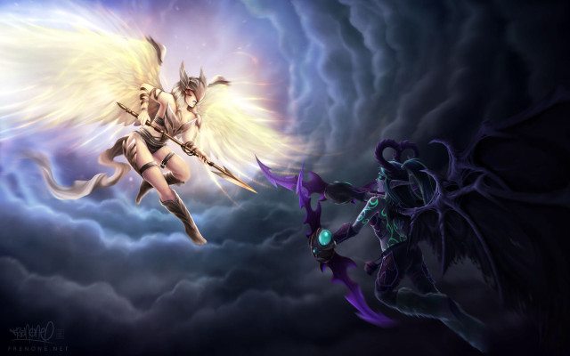 Woman sword demon wings clouds free wallpaper for desktop - medium preview image