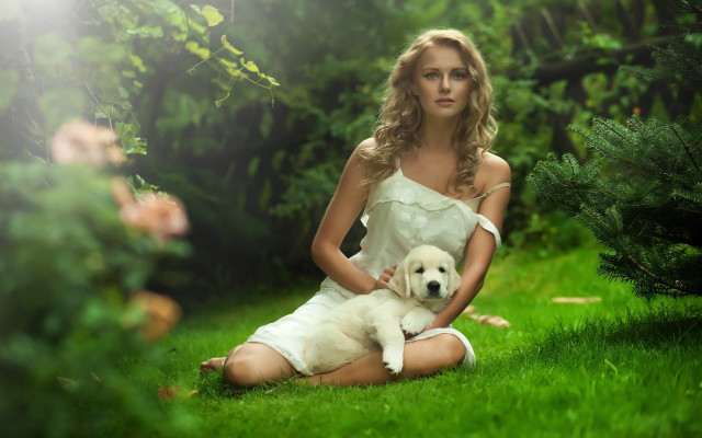 White dress woman dog nature free wallpaper for desktop - medium preview image