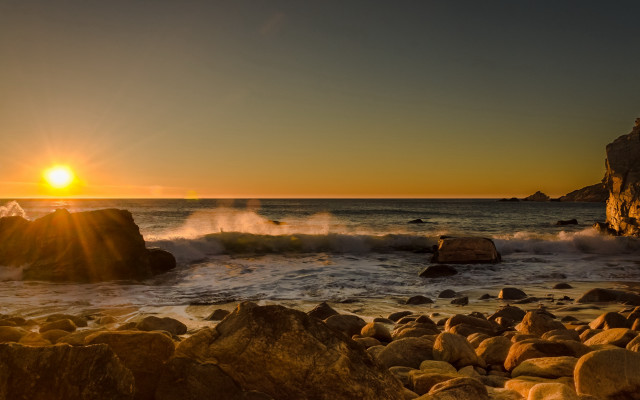 Sunset ocean rocks waves person #3 free wallpaper for desktop - medium preview image