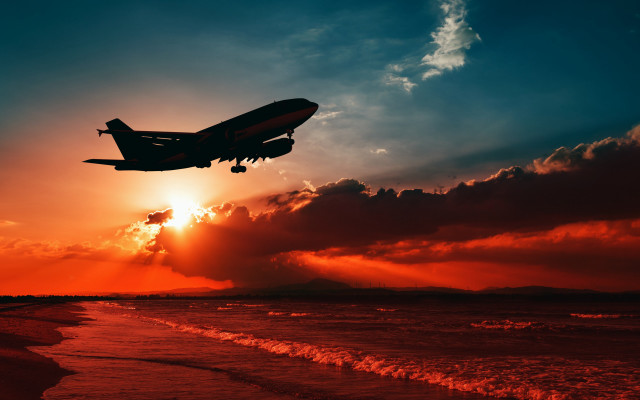 Plane beach sunset clouds matte free wallpaper for desktop - medium preview image