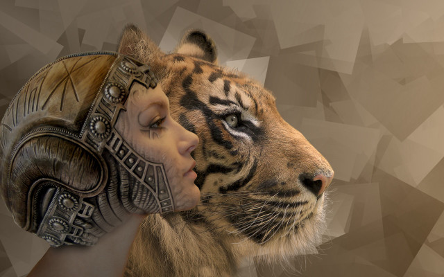Woman kissing tiger masked geometric free wallpaper for desktop - medium preview image