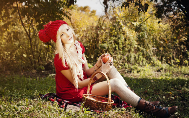 Woman red dress apples hat free wallpaper for desktop - medium preview image