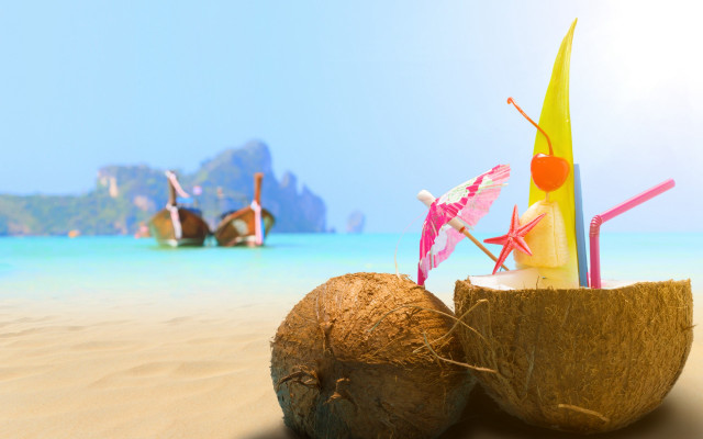 Coconut straw umbrella beach boat free wallpaper for desktop - medium preview image