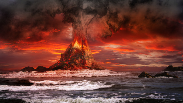 Volcano eruption ocean sunset matte free wallpaper for desktop - medium preview image