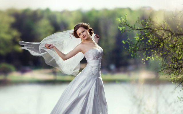 Wedding dress lake veil breeze free wallpaper for desktop - medium preview image