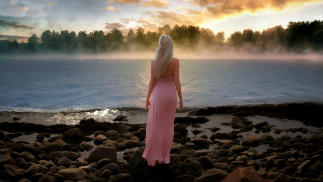 Woman pink dress rocky shore free wallpaper for desktop - medium preview image