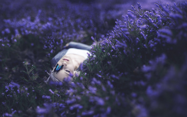 Woman purpleflowers blueeyes dreamlike nature free wallpaper for desktop - medium preview image