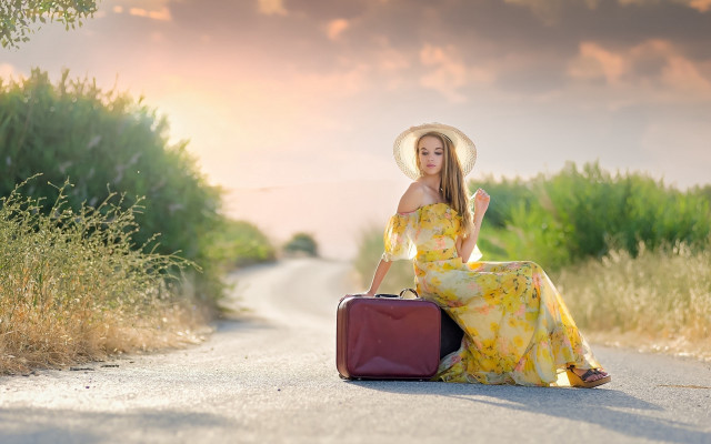 Yellow dress hat suitcase outdoor free wallpaper for desktop - medium preview image