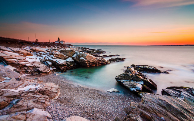 Rocky beach lighthouse sunset longexposure free wallpaper for desktop - medium preview image