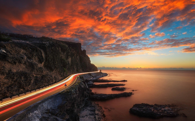 Sunset ocean road longexposure car free wallpaper for desktop - medium preview image